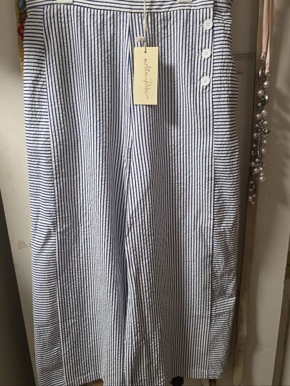 Womens Blue and White Striped Casual Pants - Picture 2 of 7